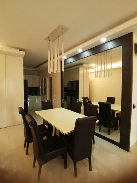 Dining features: rectangular dining table, 6 upholstered dining chairs in black, mirror wall feature, modern pendant lighting with multiple hanging fixtures, white ceiling, light-colored walls, tile flooring, built-in cabinetry visible in background; style: modern.