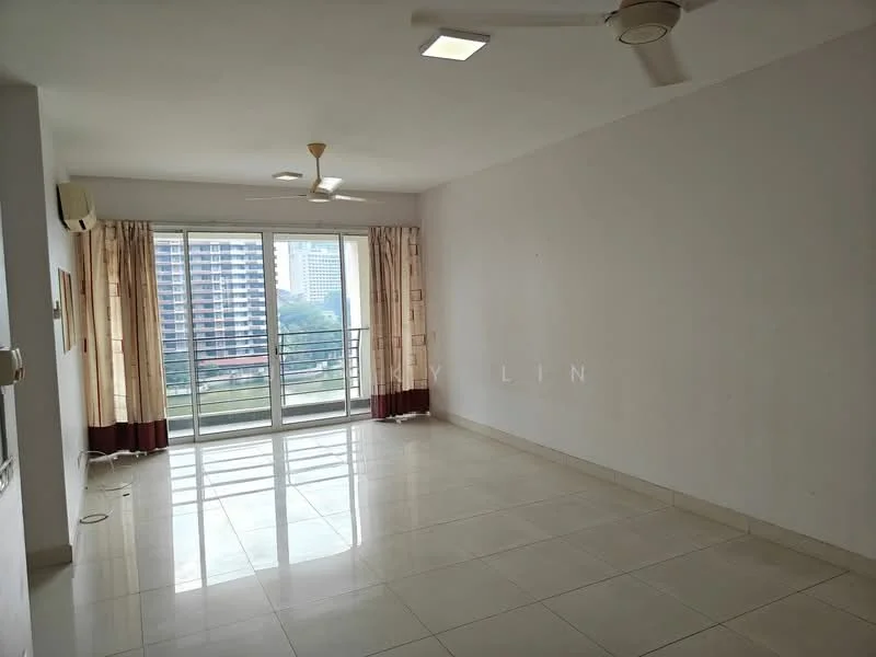 Living features: white painted walls, glossy ceramic tile flooring, recessed downlights, 5-blade ceiling fan, sliding glass door, floor-to-ceiling windows, sheer curtains, balcony view, air conditioning unit; style: modern; view: city.