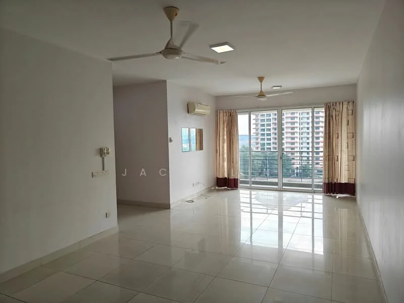 Living features: white painted walls, glossy ceramic tile flooring, 5-blade ceiling fan with light, recessed LED downlights, floor-to-ceiling sliding glass door, curtains with tiebacks, air conditioning unit, view of city skyline; style: modern; view: city.