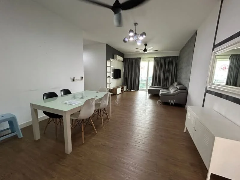 Living features: wooden flooring, grey accent wall, floor-to-ceiling windows, sliding glass door, 3-seater fabric sofa in grey, dining table for 6 with white tabletop, black dining chairs, white sideboard, ceiling fan with light, decorative mirror, curtains, area rug; style: modern; view: city.