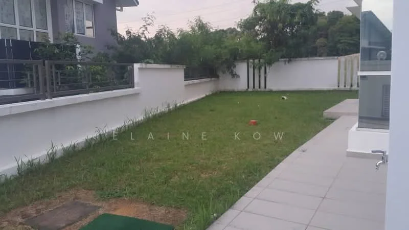 Exterior type: detached bungalow; features: manicured lawn, paved walkway, fenced perimeter, landscaped garden, surrounded by greenery, outdoor space with grass; style: modern.