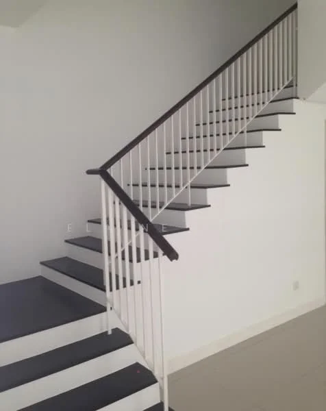 Room features: staircase with black and white steps, metal railing with white balusters, plain white walls, grey tiled flooring; style: modern.
