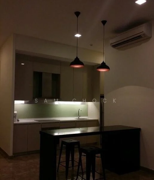 Kitchen features: black countertop, stainless-steel sink, chrome pull-down faucet, flat-panel cabinetry in light color, recessed downlights, 2 pendant lamps with black shades, built-in oven, microwave, wall-mounted split AC; style: modern.