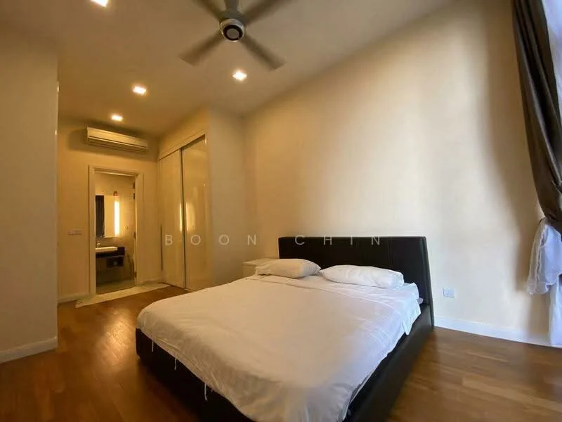 Bedroom features: queen-size bed, upholstered headboard, 2 white pillows, wooden flooring, ceiling fan, wall-mounted air conditioning unit, built-in wardrobe with sliding doors, neutral wall color, natural light from window, curtains; style: modern. Room features: doorway leading to bathroom, light fixtures.