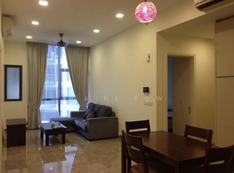 Living features: grey fabric sofa, coffee table, wall-mounted TV, dining table with four chairs, marble flooring, recessed LED downlights, ceiling fan, floor-to-ceiling windows with sheer curtains, decorative pendant light, neutral painted walls; style: modern.