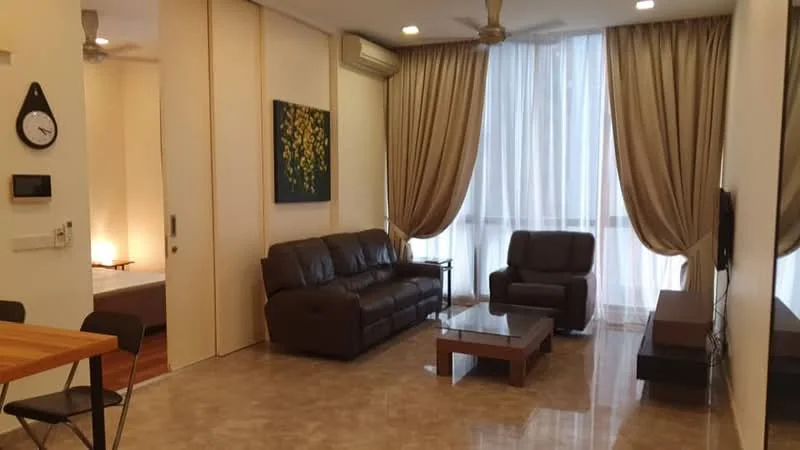 Living features: 3-seater leather sofa in brown, 2-seater leather sofa in brown, coffee table with wooden top, wall-mounted TV, TV console, floor-to-ceiling windows, sheer curtains, dropped ceiling with recessed lighting, ceiling fan, decorative wall clock, framed artwork, marble tile flooring; style: modern.