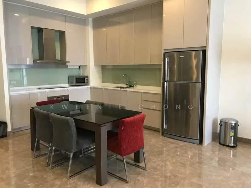 Kitchen features: light brown cabinetry, white countertop, stainless-steel fridge, built-in microwave, stainless-steel sink, chrome pull-down faucet, ceramic tile backsplash, 4-burner gas hob, stainless-steel range hood, dining table with black glass top, 4 upholstered dining chairs in grey, red, and black, marble tile flooring, recessed downlights; style: modern.