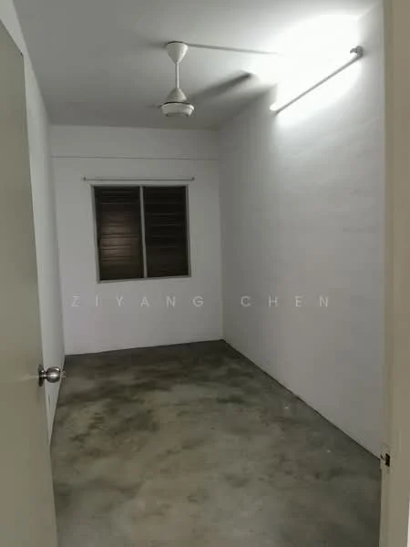 Room features: white painted walls, concrete flooring, ceiling fan, single window with wooden frame, LED strip lighting.