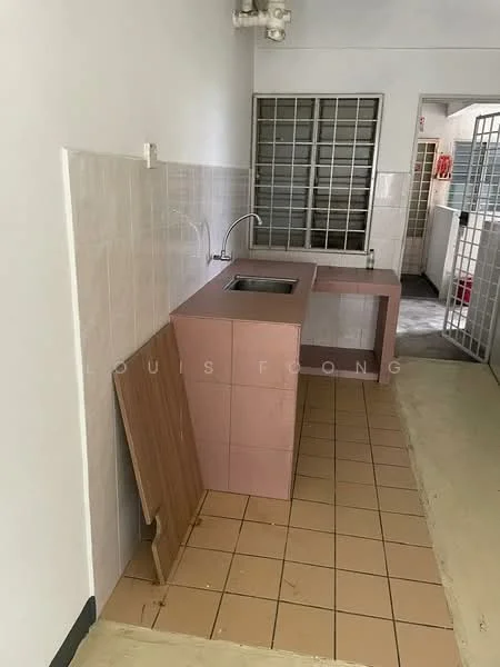 Kitchen features: pink laminate cabinetry, single-bowl stainless-steel sink, chrome pull-down faucet, ceramic tile backsplash, brown countertop, light-colored tile flooring, white painted walls, window with metal grille.