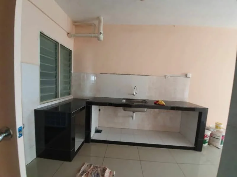 Kitchen features: black granite countertop, single-bowl stainless-steel sink, chrome faucet, white tiled backsplash, black cabinetry, ceramic tile flooring, window with metal grilles, wall-mounted plumbing, fruit bowl on countertop; style: modern.
