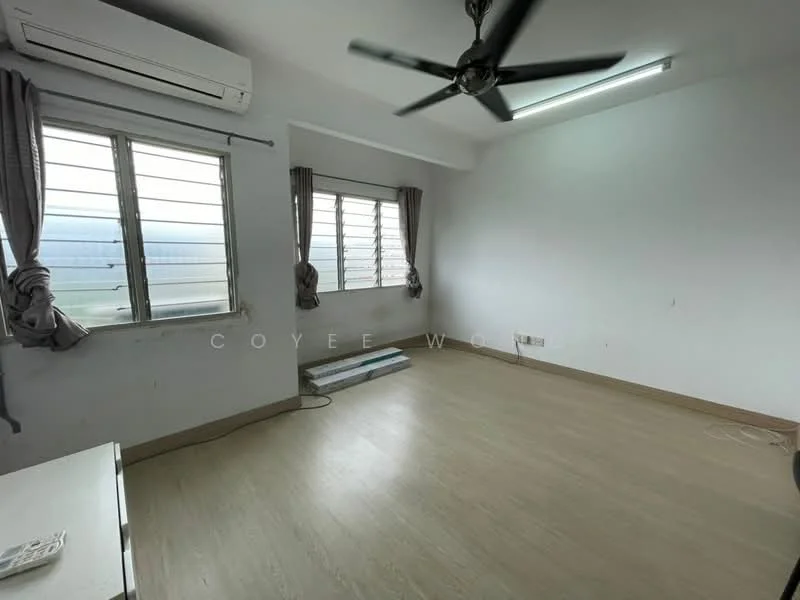 Room features: light wood laminate flooring, white painted walls, ceiling fan, 2 sliding windows with metal grills, air conditioning unit, curtains, power outlets, baseboards; style: minimalist.