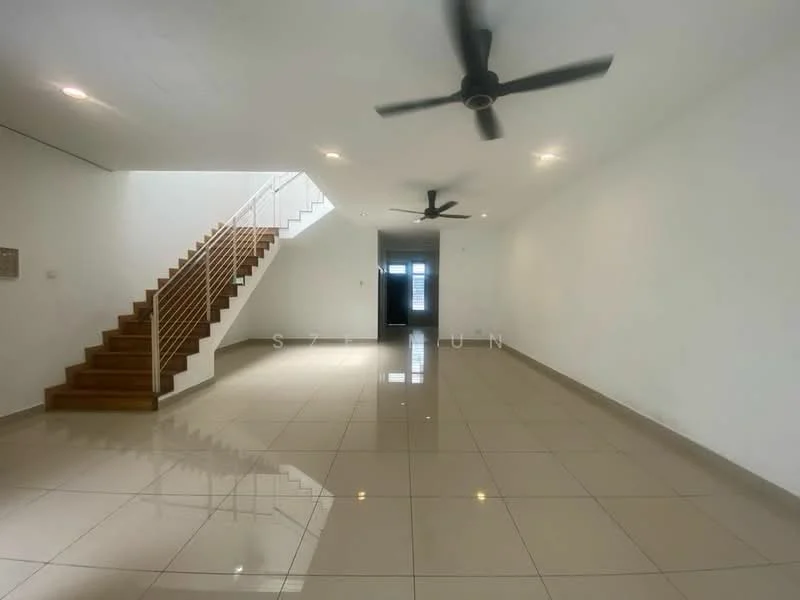 Living features: white painted walls, glossy ceramic tile flooring, 2 ceiling fans, staircase with wooden steps, recessed downlights, large windows for natural light, open layout, neutral color scheme; style: modern.