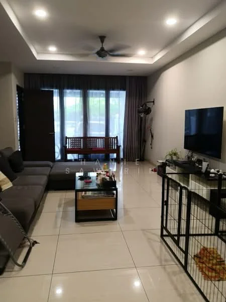 Living features: L-shape sectional sofa in grey, coffee table, wall-mounted TV, TV console, floor-to-ceiling windows, sliding glass door, curtains, ceiling fan with light, recessed downlights, decorative wall, area rug; style: modern; view: garden.