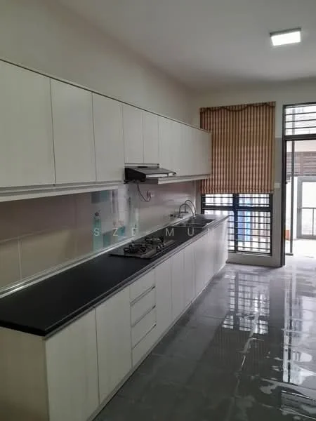 Kitchen features: white cabinetry, black countertop, stainless-steel sink, chrome pull-down faucet, built-in gas hob, wall-mounted range hood, tile backsplash, grey polished tile flooring, floor-to-ceiling windows, roller blinds; style: modern.