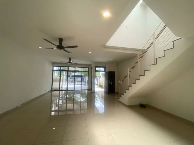 Living features: white painted walls, glossy ceramic tile flooring, 5-blade ceiling fan, large floor-to-ceiling windows, sliding glass door, natural light from skylight, open layout, staircase with railing; style: modern; view: garden.