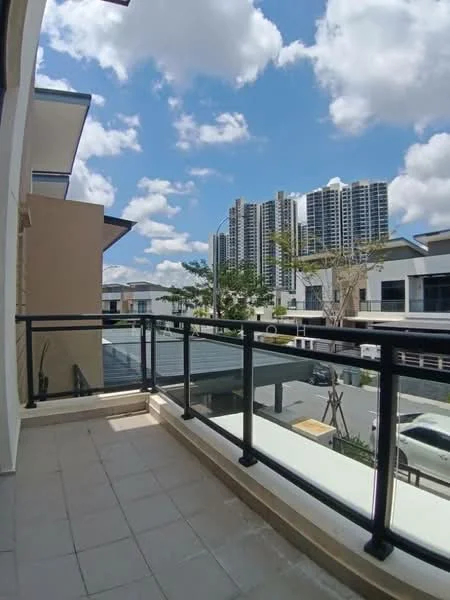 Balcony features: glass railing, ceramic tile flooring, outdoor view of city skyline, overhead clouds, sunlight exposure; style: modern; view: city.