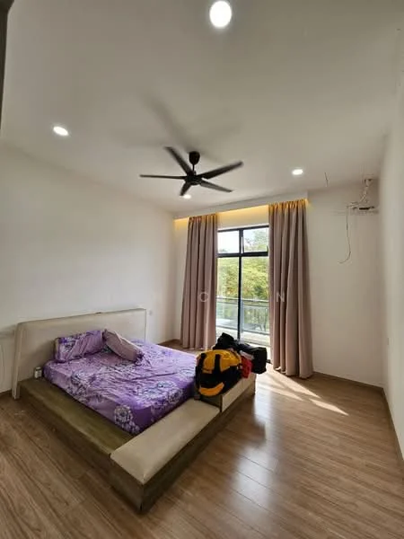 Bedroom features: queen-size bed with purple floral bedding, wooden bed frame, 2 bedside lamps, 5-blade ceiling fan with light, floor-to-ceiling window, curtains in beige, light wood flooring, wall-mounted split AC; style: modern; view: garden.