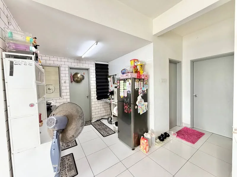Room features: white tiled flooring, white painted walls, refrigerator, washing machine, ceiling light, wall-mounted fan, black window blinds, doorway to adjacent room, area rug, storage cabinet, decorative magnets on fridge; style: modern.