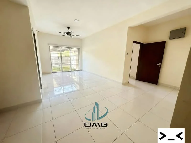 Living features: white painted walls, glossy white tile flooring, 5-blade ceiling fan with light, floor-to-ceiling windows, sliding glass door, natural light, neutral color scheme, open layout; style: modern; view: garden.