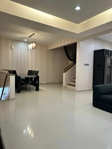 Living features: white painted walls, glossy tile flooring, recessed downlights, 5-blade ceiling fan with light, sofa in dark green, dining table with 6 black chairs, staircase with wooden steps, curtains, wall-mounted TV, decorative light fixture; style: modern.