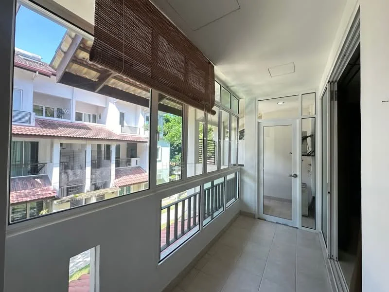 Room features: tiled flooring, large windows, glass door, white walls, wooden ceiling, bamboo blinds, balcony railing, natural light; style: modern; view: garden.