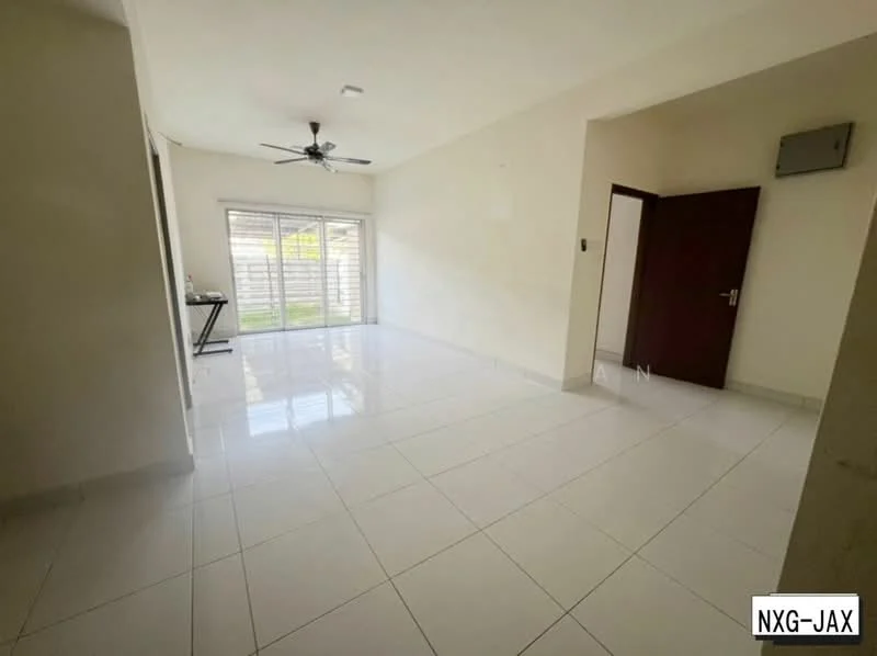 Living features: white painted walls, glossy white tile flooring, 5-blade ceiling fan, floor-to-ceiling sliding glass door, natural light from sliding door, window with sheer curtains, open layout, no visible furniture; style: modern; view: garden.