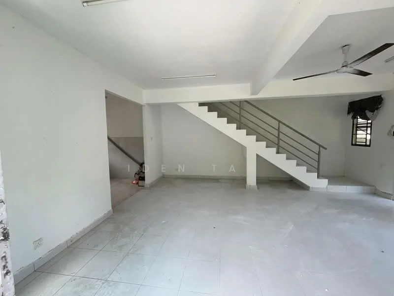 Room features: white painted walls, grey tiled flooring, exposed ceiling, ceiling fan, staircase with metal railing, large window, open layout, natural light; style: minimalist.