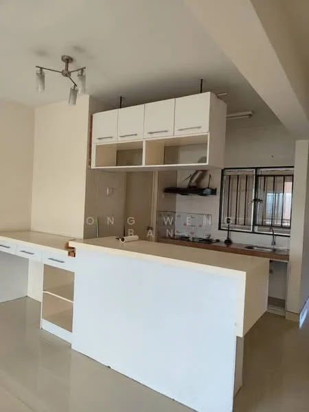 Kitchen features: white cabinetry with upper cabinets, open kitchen layout, kitchen island with countertop, stainless-steel sink, chrome faucet, wall-mounted range hood, tile flooring, recessed lighting, window with security bars, neutral wall color; style: modern.