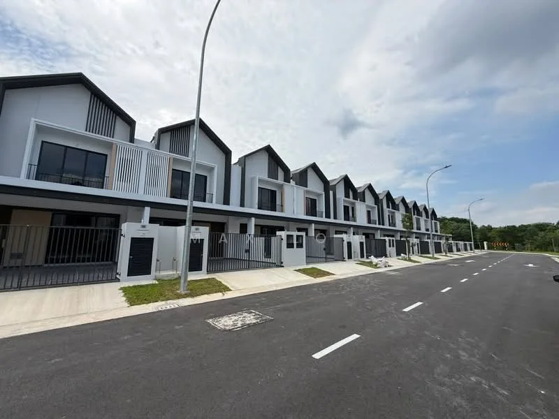 Exterior type: linked terrace house; features: grey painted facade, flat roof, 2-storey, manicured lawn, paved walkway, front porch, balconies on upper floor, fenced front yard, street lighting, curbside parking, surrounded by greenery; style: modern.