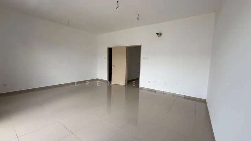 Room features: white painted walls, glossy ceramic tile flooring, two doors, ceiling lights, no visible windows, neutral color scheme; style: modern.