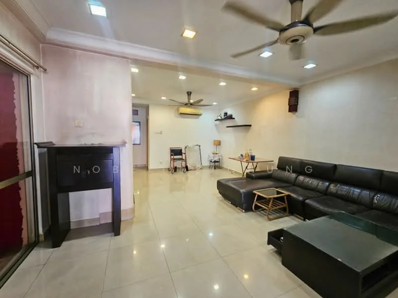 Living features: cream painted walls, glossy ceramic tile flooring, 5-blade ceiling fan with light, recessed downlights, black leather sectional sofa, wooden coffee table, black TV console, wall-mounted shelf, sliding glass door, window with sheer curtains, cart with wheels; style: modern.