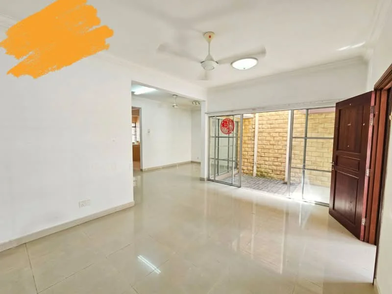 Room features: white painted walls, polished ceramic tile flooring, ceiling fan, sliding glass door, floor-to-ceiling windows, natural light from windows, recessed ceiling lights, open layout; style: modern; view: garden.