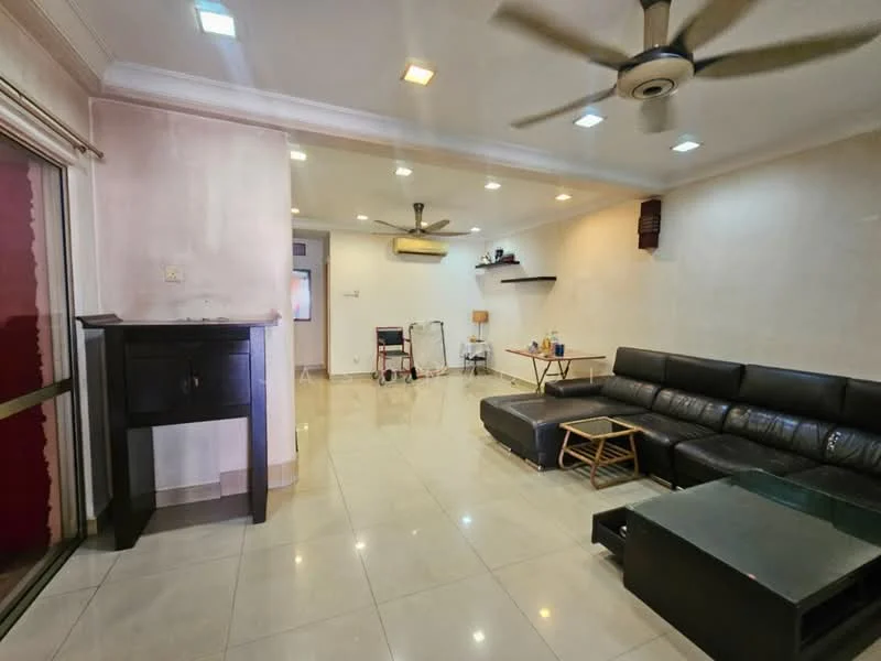 Living features: black leather sectional sofa, coffee table, TV console, wall-mounted TV, ceiling fan with light, recessed LED downlights, cream painted walls, glossy tile flooring, open shelving, sliding glass door, decorative wall shelf; style: modern.