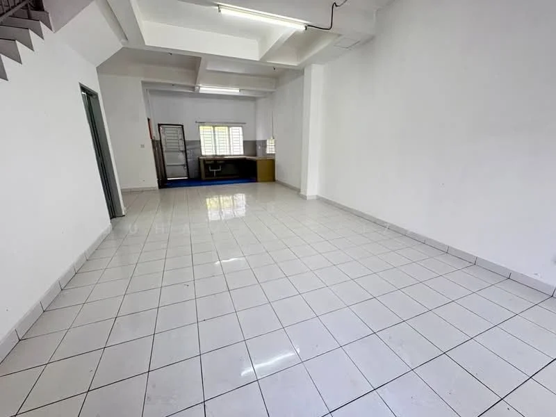 Room features: white painted walls, tile flooring, ceiling with fluorescent lighting, large windows with white frames, open layout, no visible furniture, neutral colour scheme; style: minimalist.