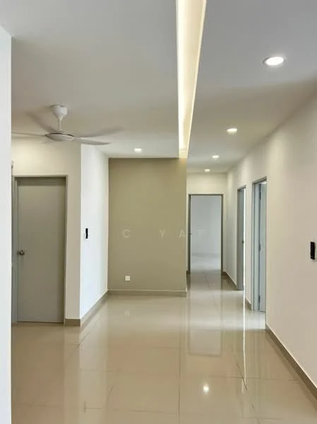 Hallway features: white painted walls, grey accent wall, glossy ceramic tile flooring, recessed LED downlights, 5-blade ceiling fan, door to room on left, door to room on right, doorway at end of hallway; style: modern.