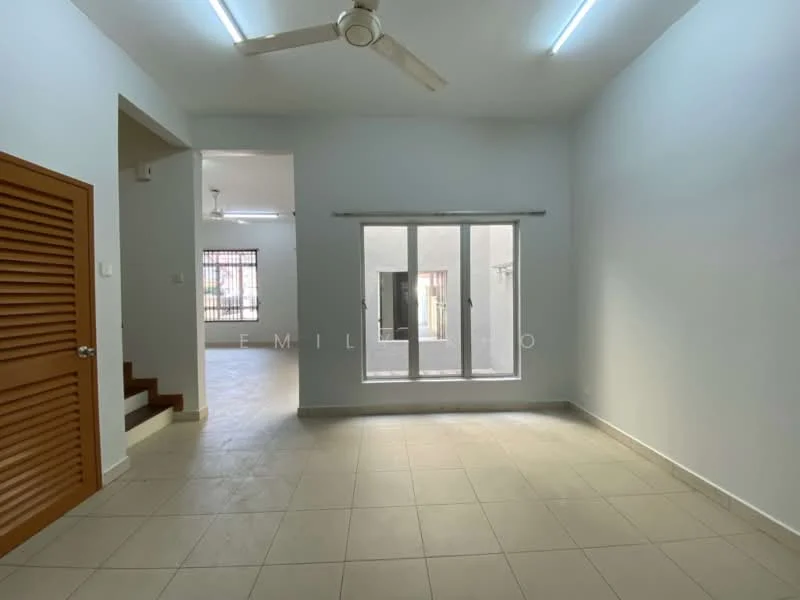 Living features: white painted walls, tile flooring, ceiling fan, large windows, natural light, neutral color scheme, staircase visible, door with slatted design; style: modern.