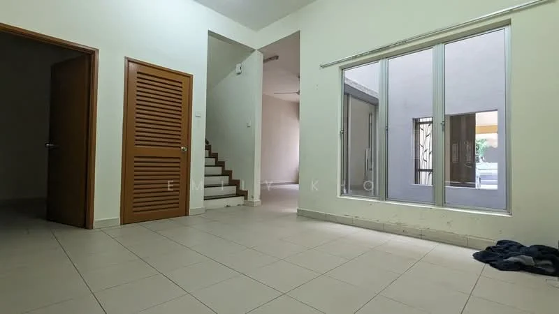 Living features: white painted walls, tile flooring, large windows, sliding glass door, staircase visible, doorway to adjacent room, built-in storage with louvered doors, neutral color scheme; style: modern; view: courtyard.