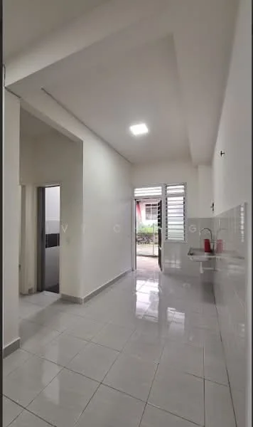 Room features: white painted walls, white ceiling, recessed LED downlights, glossy ceramic tile flooring, window with sliding glass, door leading to outdoor area, kitchen countertop, sink, wall-mounted cabinets; style: modern; view: garden.