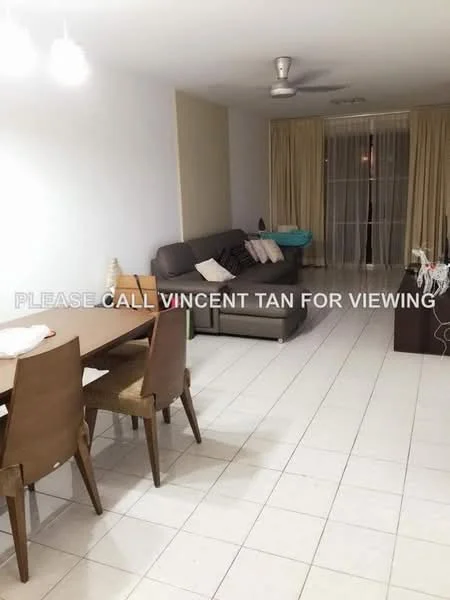 Living features: grey fabric sectional sofa, wooden dining table for 4, 4 dining chairs with upholstered seats, white tiled flooring, ceiling fan, floor-to-ceiling windows with sheer curtains, wall-mounted TV, decorative items on side table; style: modern.