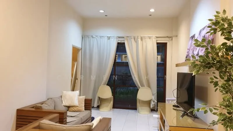 Living features: white painted walls, tile flooring, sofa with light fabric upholstery, wooden coffee table, TV console, wall-mounted TV, floor-to-ceiling windows, sheer curtains, decorative plant, two accent chairs, recessed downlights; style: modern; view: garden.