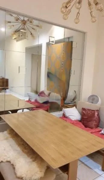 Dining features: wood dining table, upholstered dining chairs, mirrored wall, chandelier with multiple bulbs, decorative wall art, floor tiles, area rug, cushioned seating area, fan, light-colored walls; style: modern.