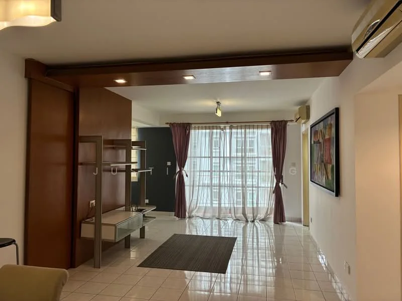 Living features: white painted walls, grey accent wall, glossy tile flooring, 5-blade ceiling fan with light, floor-to-ceiling windows, sheer curtains, recessed downlights, wooden feature wall, decorative artwork, area rug with geometric pattern, open shelving unit, coffee table; style: modern; view: city.