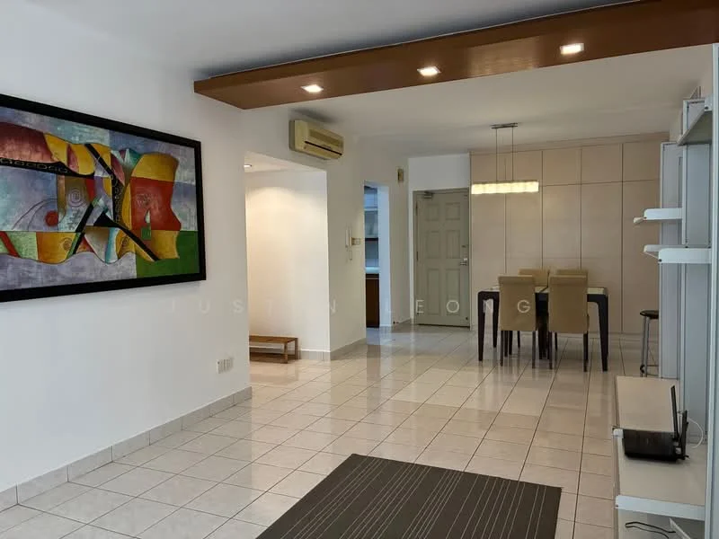 Living features: white painted walls, tile flooring, recessed downlights, 5-blade ceiling fan, framed artwork on wall, dining table with 4 chairs, open layout, built-in cabinetry, door leading to another room, neutral color palette, area rug with geometric pattern; style: modern.