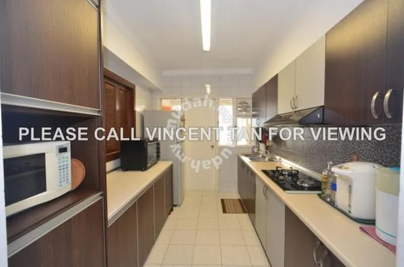 Kitchen features: laminate cabinetry in dark brown, light-colored countertops, ceramic tile flooring, built-in microwave, freestanding gas stove with oven, stainless-steel sink, chrome faucet, window with wooden grille, under-cabinet lighting, kitchen island with additional counter space; style: modern.