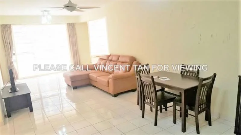 Living features: 3-seater leather sofa in beige, coffee table, TV console, wall-mounted TV, dining table for 4, wooden dining chairs, white tiled flooring, ceiling fan, large windows with curtains, light fixture, neutral wall color; style: modern.