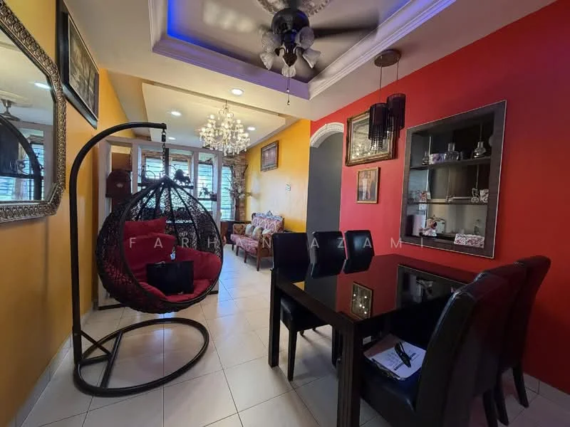 Living features: hanging rattan chair, red accent wall, yellow painted walls, white ceiling with crown moulding, chandelier, 5-blade ceiling fan, dining table with black finish, black dining chairs, decorative mirror, wall-mounted artwork, tile flooring; style: modern.