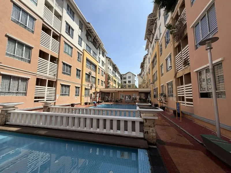 Exterior type: low-rise apartment block; features: swimming pool, pool deck, manicured landscaping, balconies with railings, multiple storeys, walkways, outdoor seating area, sunny courtyard, paved pathways; style: modern.