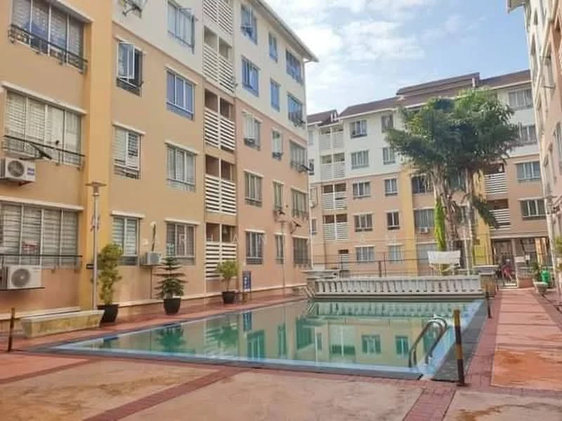 Exterior type: low-rise apartment block; features: swimming pool, manicured landscaping, potted plants, balconies with railings, air conditioning units on facade, brick paving around pool area, multiple storeys, windows with grilles; style: modern.