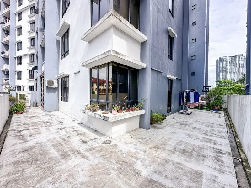 Exterior type: low-rise apartment block; features: concrete facade in grey, ground-level terrace, potted plants, air conditioning unit on wall, clothes drying rack, surrounding greenery, city skyline visible in background; style: modern.