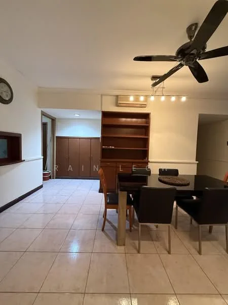 Dining features: dining table with 6 chairs, ceiling fan with light, recessed downlights, wall-mounted clock, tile flooring, built-in shelving unit, open layout to adjacent room, neutral wall color; style: modern. Room features: wooden cabinetry, doorway to adjacent room.